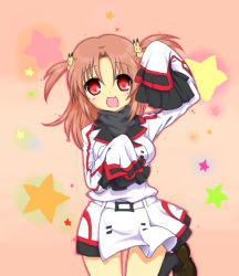 Rule 34 | 10s, 1girl, breasts, brown hair, female focus, gradient background, infinite stratos, nohotoke honne, open mouth, oversized clothes, red eyes, school uniform, short twintails, sleeves past wrists, smile, solo, twintails, uniform