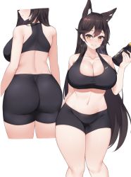 Rule 34 | 1girl, animal ear fluff, animal ears, ass, atago (azur lane), azur lane, bare shoulders, bike shorts, black pants, black sports bra, blush, bottle, breasts, cleavage, closed mouth, commentary, cropped legs, curvy, eyelashes, from behind, groin, hair between eyes, hand up, heavy breathing, holding, holding bottle, huge ass, kuavera, large breasts, long hair, looking at viewer, mole, mole under eye, multiple views, navel, pants, parted lips, profile, short shorts, shorts, smile, sports bra, standing, sweat, thick thighs, thighs, water bottle, wolf ears, yellow eyes