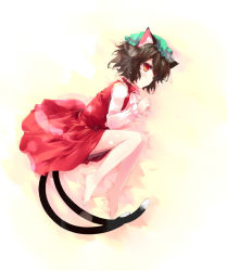Rule 34 | 1girl, animal ears, barefoot, brown hair, cat ears, cat girl, cat tail, chen, dress, female focus, full body, gradient background, hat, lying, multiple tails, on side, shin (new), short hair, solo, tail, touhou, white background
