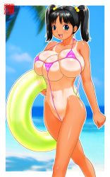 Rule 34 | 1girl, beach, black hair, breasts, cleft of venus, extra breasts, green eyes, innertube, machino henmaru, outdoors, pussy, sky, slingshot swimsuit, solo, swim ring, swimsuit, tan, tanline, three breasts, uncensored, what