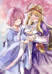 Rule 34 | 2girls, blonde hair, blush, breasts, cleavage, covering own mouth, dress, hair ribbon, hand over own mouth, jewelry, long hair, monochrome, multiple girls, pink background, pink eyes, pink hair, purple dress, purple eyes, ribbon, ring, saigyouji yuyuko, short hair, touhou, wedding band, wide sleeves, wife and wife, yakumo yukari, yohane, yuri