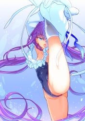 Rule 34 | 1girl, athletic leotard, blue bow, blue choker, blue eyes, blue one-piece swimsuit, blue ribbon, bow, choker, covered navel, fate/grand order, fate (series), flexible, frilled one-piece swimsuit, frills, highleg, highleg swimsuit, kneepits, leg lift, leg up, leotard, meltryllis, meltryllis (fate), meltryllis (swimsuit lancer) (fate), meltryllis (swimsuit lancer) (second ascension) (fate), off-shoulder one-piece swimsuit, off shoulder, one-piece swimsuit, prosthesis, prosthetic leg, purple hair, ribbon, sleeves past fingers, sleeves past wrists, smile, solo, split, standing, standing on one leg, standing split, strapless, strapless one-piece swimsuit, swimsuit, yoosai