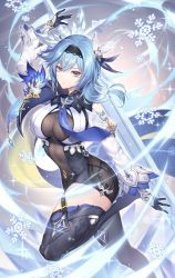 Rule 34 | 1girl, arm up, asymmetrical hair, black hairband, blue hair, blue necktie, breasts, closed mouth, covered navel, crystal sword, eula (genshin impact), floating, floating hair, floating object, floating sword, floating weapon, genshin impact, gloves, hair ornament, hairband, highres, ice, large breasts, leotard, medium hair, nasaniliu, necktie, open hands, snowflakes, solo, sword, thighhighs, thighs, vision (genshin impact), weapon, wind, yellow eyes