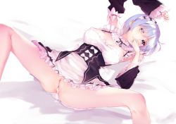 Rule 34 | 1girl, after vaginal, aftersex, apron, arm up, back bow, bare legs, bare shoulders, black ribbon, blue eyes, blue hair, blush, bow, breasts, cleavage, cleft of venus, covering own mouth, cum, cum in pussy, cum overflow, detached collar, detached sleeves, feet out of frame, frilled skirt, frilled sleeves, frills, hairband, has bad revision, has censored revision, head tilt, high-waist skirt, highres, lolita hairband, long sleeves, lying, medium breasts, neck ribbon, no panties, on back, pussy, re:zero kara hajimeru isekai seikatsu, rem (re:zero), ribbon, short hair, skirt, solo, spread legs, suspender skirt, suspenders, suwakana, thighs, uncensored, underbust, waist apron, white bow