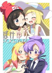 Rule 34 | &gt; &lt;, 4girls, :d, anabel (pokemon), beanie, blonde hair, blue eyes, blush, braid, brown eyes, brown hair, cheek-to-cheek, closed eyes, commentary request, creatures (company), earpiece, eromame, formal, game freak, gloves, hat, heads together, holding hands, interlocked fingers, leaning on person, lillie (pokemon), long hair, mina (pokemon), multiple girls, necktie, nintendo, one eye closed, open mouth, paint splatter, paint splatter on face, pokemon, pokemon sm, ponytail, purple eyes, purple hair, selene (pokemon), short hair, smile, suit, sun hat, translation request, xd, yuri