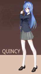 Rule 34 | 1girl, absurdres, arnold-s, bad id, bad pixiv id, blue hair, blush, character name, closed mouth, grey skirt, hand on own hip, highres, loafers, long hair, long sleeves, looking at viewer, quincy (warship girls r), red eyes, school uniform, shoes, skirt, smile, solo, thighhighs, v, warship girls r, white thighhighs