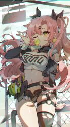 Rule 34 | 1girl, absurdres, bare shoulders, belt, black jacket, black shorts, black thighhighs, breasts, blowing bubbles, chewing gum, cleavage, clothing cutout, cowboy shot, crop top, cropped jacket, cutoffs, earrings, green eyes, hair ornament, hair ribbon, hairclip, hand up, highres, jacket, jewelry, large breasts, lizhilv, long hair, long sleeves, looking at viewer, micro shorts, midriff, mole, mole on breast, mole on thigh, mole under eye, navel, nicole demara, one eye closed, open clothes, open fly, open jacket, pink hair, ribbon, shirt, shorts, shoulder cutout, single thighhigh, skindentation, solo, standing, stomach, thigh gap, thigh strap, thighhighs, thighs, torn clothes, torn thighhighs, two side up, white shirt, zenless zone zero