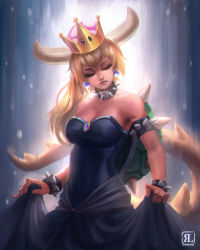 Rule 34 | 1girl, absurdres, armlet, artist name, bad id, bad pixiv id, bare shoulders, black dress, blonde hair, bowsette, bracelet, breasts, brooch, cleavage, collar, commentary, crown, dress, earrings, english commentary, closed eyes, facing viewer, highres, horns, jewelry, large breasts, long hair, mario (series), new super mario bros. u deluxe, nintendo, parted lips, ponytail, reagan long, solo, spiked armlet, spiked bracelet, spiked collar, spiked shell, spiked tail, spikes, strapless, strapless dress, super crown, tail, turtle shell