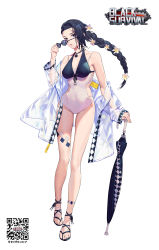 Rule 34 | 1girl, absurdres, bare legs, black footwear, black hair, black survival, blue eyes, braid, breasts, casual one-piece swimsuit, character request, cleavage, closed umbrella, collarbone, copyright name, covered navel, cross, unworn eyewear, flower, forehead, full body, hair flower, hair ornament, highres, holding, holding removed eyewear, iron cross, jacket, long hair, long sleeves, looking at viewer, medium breasts, off shoulder, official alternate costume, official art, one-piece swimsuit, open clothes, open jacket, parted lips, qr code, sandals, see-through, simple background, single braid, solo, standing, sunglasses, swimsuit, umbrella, very long hair, white background, white flower, yamakawa