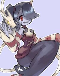Rule 34 | 1girl, blue background, blue hair, blue skin, colored skin, detached sleeves, dress, hair over one eye, highres, knees up, leviathan (skullgirls), red eyes, side ponytail, siosyan, skullgirls, smile, solo, squigly (skullgirls), stitched mouth, stitches, striped