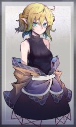 Rule 34 | 1girl, blonde hair, border, colored eyelashes, green eyes, highres, looking at viewer, mizuhashi parsee, off shoulder, outside border, pointy ears, ponytail, short hair, skirt, sleeveless, sleeveless turtleneck, solo, st (youx1119), touhou, turtleneck
