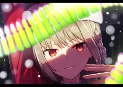Rule 34 | 1girl, arm up, braid, christmas, eyes visible through hair, fate/grand order, fate (series), fingernails, florence nightingale (fate), fur-trimmed headwear, fur trim, grin, hat, letterboxed, long hair, long sleeves, looking at viewer, red eyes, red hat, santa hat, silver hair, smile, snow, solo, yukarite