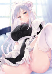 Rule 34 | 1girl, anus, apron, black dress, bow, breasts, center frills, closed mouth, covering privates, covering crotch, dress, flower, frilled apron, frilled dress, frills, garter straps, gloves, hair flower, hair ornament, highres, large breasts, long hair, looking at viewer, maid, maid headdress, motomiya mitsuki, no panties, original, puffy short sleeves, puffy sleeves, pussy, pussy juice, short sleeves, sitting, solo, spread legs, thighhighs, waist apron, white apron, white bow, white footwear, white gloves, white hair, white thighhighs, yellow eyes
