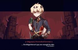 Rule 34 | 1boy, araimin, artist name, black gloves, blonde hair, blue vest, book, can, character name, closed mouth, collared shirt, commentary, crossover, earrings, english text, fate/grand order, fate (series), gilgamesh (fate), glasses, gloves, helltaker, holding, holding book, holding can, jewelry, looking at viewer, male focus, red eyes, shirt, short hair, solo, upper body, vest