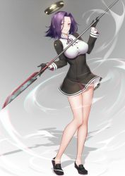 Rule 34 | 10s, 1girl, absurdres, black footwear, black gloves, breasts, dress, full body, glaive (polearm), gloves, grin, hair intakes, halo, highres, holding, holding weapon, kantai collection, large breasts, long sleeves, mechanical halo, no legwear, polearm, purple eyes, purple hair, school uniform, shoes, short dress, short hair, smile, solo, standing, tatsuta (kancolle), weapon, yagitome87