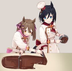 Rule 34 | 2girls, animal ears, aqua eyes, bow, bowl, bowtie, breasts, brown hair, buttons, chef hat, chocolate, chocolate making, closed mouth, double-breasted, eishin flash (collect chocolatier) (umamusume), eishin flash (umamusume), hair ornament, hairclip, hat, highres, holding, holding spatula, holding whisk, horse ears, horse girl, horse tail, jacket, kogomiza, long sleeves, medium hair, mini hat, multiple girls, orange eyes, short hair, small breasts, smart falcon (umamusume), smile, spatula, standing, table, tail, tongue, tongue out, twintails, umamusume, whisk, white jacket, wrist cuffs