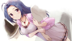 Rule 34 | 1boy, 1girl, absurdres, ahoge, arm hug, blue hair, blush, breasts, collarbone, commission, dating, highres, idolmaster, idolmaster (classic), idolmaster million live!, jewelry, large breasts, long hair, looking at viewer, miura azusa, necklace, open clothes, open shirt, outdoors, pink shirt, pixiv commission, producer (idolmaster), shirt, shuucream (syuichi), smile, solo focus