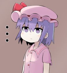Rule 34 | ..., 1girl, blush, brown background, closed mouth, collared shirt, cookie (touhou), expressionless, flat chest, hair between eyes, hat, hat ribbon, hisaka (cookie), looking at viewer, madore, mob cap, pink hat, pink shirt, purple eyes, purple hair, red ribbon, remilia scarlet, ribbon, shirt, short hair, simple background, solo, touhou, upper body