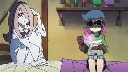 Rule 34 | 10s, 2girls, animated, animated gif, bed, constanze amalie von braunschbank-albrechtsberger, gloves, goggles, goggles on head, hair over one eye, indoors, hugging own legs, little witch academia, lowres, magic, multiple girls, on bed, robot, sucy manbavaran, wand