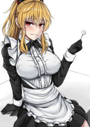 Rule 34 | 1girl, apron, black gloves, blonde hair, blush, breasts, center frills, commentary, frills, gloves, granblue fantasy, hair between eyes, highres, large breasts, long hair, long sleeves, looking at viewer, maid, mimikaki, parted lips, ponytail, red eyes, sanmoto gorouzaemon, sitting, smile, solo, vira (granblue fantasy), waist apron