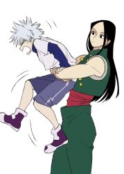 Rule 34 | &gt; &lt;, 2boys, arms around waist, bare shoulders, black eyes, black hair, brothers, collared vest, cowboy shot, full body, green pants, green vest, hand on another&#039;s arm, hunter x hunter, illumi zoldyck, killua zoldyck, layered sleeves, leaning back, lifting person, long hair, male focus, mojisan (ebimo), multiple boys, pants, purple footwear, purple shorts, shirt, short hair, shorts, siblings, simple background, struggling, vest, white hair, white shirt