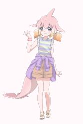 Rule 34 | 1girl, alternate costume, bare shoulders, blowhole, blue shirt, blush, brown shorts, casual, cetacean tail, chinese white dolphin (kemono friends), clothes around waist, commentary request, dolphin girl, dorsal fin, fins, fish tail, frilled sleeves, frills, full body, green shirt, highres, kemono friends, kuromitsu (9633 kmfr), looking at viewer, multicolored hair, multicolored shirt, orange hair, pink eyes, pink hair, purple sweater, shirt, shoes, short hair, short twintails, shorts, sleeveless, sneakers, solo, striped clothes, striped shirt, sweater, sweater around waist, tail, twintails, white hair, wristband, yellow footwear