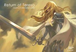 Rule 34 | 10s, 1girl, 2014, armor, artist name, artist request, blonde hair, cape, character name, claymore (series), claymore (sword), dated, english text, long hair, pauldrons, shoulder armor, signature, solo, teresa, text focus, watermark, wavy hair, web address