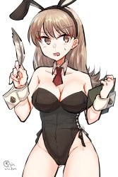 Rule 34 | 1girl, anchor symbol, animal ears, black leotard, breasts, brown eyes, brown hair, cleavage, clipboard, contrapposto, cowboy shot, detached collar, fake animal ears, gluteal fold, highres, kantai collection, leotard, long hair, looking at viewer, matsunaga (haku), medium breasts, necktie, ooi (kancolle), playboy bunny, quill, rabbit ears, red necktie, simple background, solo, standing, strapless, strapless leotard, white background, wrist cuffs