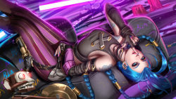 Rule 34 | 1girl, arcane: league of legends, arcane jinx, blue eyes, blue hair, breasts, couch, crop top, finger to mouth, fingerless gloves, gloves, gun, handgun, highres, jinx (league of legends), league of legends, liang xing, long hair, pants, pistol, shushing, signature, small breasts, solo, tattoo, torn clothes, torn pants, twintails, upside-down, very long hair, weapon
