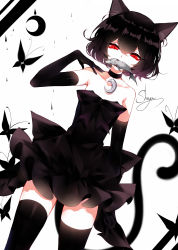 Rule 34 | 1girl, absurdres, animal ear fluff, animal ears, artist name, bare shoulders, black bow, black choker, black dress, black gloves, black hair, black thighhighs, bow, cat ears, cat tail, choker, collarbone, commentary, cowboy shot, crescent, crescent choker, dress, elbow gloves, eyelashes, fish, gloves, hair between eyes, hand up, highres, looking at viewer, mouth hold, original, red eyes, sheya, short hair, signature, simple background, solo, strapless, strapless dress, tail, thighhighs, thighs, upper body, white background, zettai ryouiki