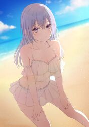 Rule 34 | armpit crease, bare shoulders, beach, blue hair, blue sky, bra, breasts, cleavage, cloud, cloudy sky, collarbone, frilled bra, frills, gluteal fold, hands on own thighs, highres, idolmaster, idolmaster shiny colors, large breasts, light blush, looking at viewer, miyar2d2, navel, ocean, panties, pleated skirt, purple eyes, see-through, see-through skirt, skirt, sky, smile, suzuki hana, sweat, underwear, white bra, white panties