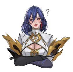Rule 34 | 1girl, ?, absurdres, blue eyes, blue hair, breasts, cleavage cutout, clothing cutout, cropped torso, crossed arms, genderswap, genderswap (mtf), gold trim, hair between eyes, highres, large breasts, lipstick, makeup, platin (seven knights), seven knights, tteogya, upper body, white background