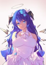 Rule 34 | 1girl, absurdres, alternate costume, arknights, bare shoulders, blue eyes, blue flower, blue hair, blue rose, breasts, closed mouth, dress, elbow gloves, flower, gloves, gradient background, hair between eyes, hair flower, hair ornament, halo, head tilt, highres, horns, large breasts, long hair, looking at viewer, mostima (arknights), rose, simple background, smile, solo, upper body, wedding dress, weibo watermark, white background, white dress, white gloves, yumero