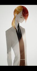 Rule 34 | 1other, androgynous, blonde hair, eyes visible through hair, gem uniform (houseki no kuni), highres, houseki no kuni, lab coat, letterboxed, light smile, looking at viewer, multicolored hair, necktie, red hair, rutile (houseki no kuni), short hair, solo, sparkle, yellow eyes