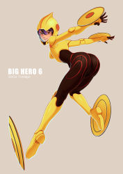 Rule 34 | 1girl, arched back, arms behind back, ass, big hero 6, black hair, bodysuit, brown eyes, character name, from side, gogo tomago, hayate (leaf98k), helmet, leaning forward, marvel, multicolored hair, neon trim, purple hair, quadruple wielding, shield, simple background, skin tight, smile, solo, two-tone hair