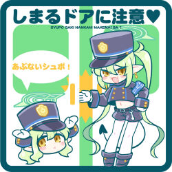 Rule 34 | 2girls, black footwear, black hat, black shirt, black shorts, black tail, blue archive, blush, boots, chaki (teasets), closed mouth, demon tail, fang, gloves, green hair, green halo, halo, hat, highlander sidelocks conductor (blue archive), highlander twintails conductor (blue archive), long hair, long sleeves, multiple girls, navel, open mouth, pantyhose, peaked cap, pointy ears, shirt, shorts, sidelocks, skin fang, smile, tail, twintails, white gloves, white pantyhose, yellow eyes
