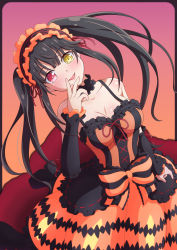 Rule 34 | 1girl, black hair, blush, breasts, cleavage, clock eyes, collarbone, date a live, detached sleeves, gothic lolita, hairband, heterochromia, highres, lolita fashion, lolita hairband, looking at viewer, medium breasts, red eyes, roman numeral, smile, solo, symbol-shaped pupils, tokisaki kurumi, twintails, uneven twintails, yellow eyes, yosuzu