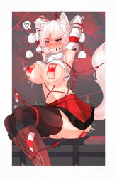 Rule 34 | 1girl, animal ears, armpits, arms behind head, ass, bdsm, bit gag, blush, bondage, boots, bound, breasts, cleavage, clothes lift, covered erect nipples, cross-laced footwear, detached sleeves, ehrrr, gag, heart, heavy breathing, highres, inubashiri momiji, knee boots, lace-up boots, large breasts, looking away, miniskirt, navel, nose blush, pasties, red eyes, restrained, shirt lift, short hair, sitting, skirt, solo, spoken heart, sweat, tail, thighhighs, touhou, trembling, white hair, wolf ears, wolf tail
