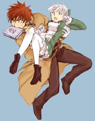 Rule 34 | 1boy, 1girl, :d, alice elliot, arms up, book, coat, long sleeves, lowres, open mouth, pants, pantyhose, red hair, shadow hearts, silver hair, simple background, smile, spiked hair, thighhighs, white thighhighs, yuri hyuga