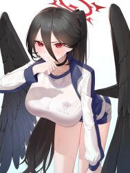Rule 34 | 1girl, absurdres, black choker, black hair, black wings, blue archive, blue jacket, breasts, choker, commentary request, feathered wings, glow (user hnpv7785), gym uniform, halo, hand up, hasumi (blue archive), hasumi (track) (blue archive), highres, jacket, korean commentary, large breasts, large wings, leaning forward, long hair, long sleeves, mole, mole under eye, official alternate costume, red eyes, red halo, shirt, simple background, solo, sweat, track jacket, very long hair, white background, white shirt, wings