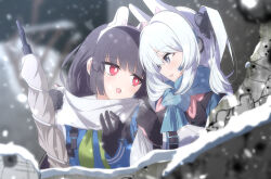 Rule 34 | 2girls, animal ears, black gloves, black hair, blue archive, blue scarf, blush, bolt action, bright pupils, earpiece, fake animal ears, gloves, green neckerchief, grey gloves, grey hair, gun, highres, kaine (gupisgood), long hair, long sleeves, miyako (blue archive), miyu (blue archive), mosin-nagant, multiple girls, neckerchief, one side up, open mouth, pink gloves, pink neckerchief, purple eyes, rabbit ears, red eyes, rifle, scarf, smile, two-tone gloves, weapon, white pupils, white scarf