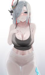 Rule 34 | 1girl, absurdres, alternate costume, arm behind back, bare arms, bare shoulders, black camisole, blue eyes, blush, bra strap, breasts, camisole, cleavage, collarbone, cowboy shot, crop top, dripping, earrings, eyes visible through hair, flower knot, genshin impact, grey background, gwan-e, hair ornament, hair over one eye, halterneck, hand on own chest, high-waist pants, highres, jewelry, large breasts, long hair, looking at viewer, midriff, navel, nose blush, pants, parted lips, shenhe (genshin impact), shirt, sidelocks, simple background, sleeveless, sleeveless shirt, smile, solo, stomach, sweat, tassel, tassel earrings, thigh gap, very sweaty, wet, wet clothes, white hair, white pants, yoga pants