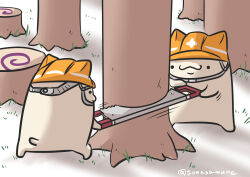 Rule 34 | . ., absurdres, closed mouth, goma (gomasamune), hard hat, haskap, helmet, highres, holding, no humans, orange headwear, original, outdoors, saw, smile, standing, tree, twitter username, two-man saw