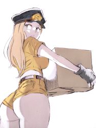 Rule 34 | 1girl, absurdres, ass, belt, black belt, black gloves, black hat, boku no hero academia, box, breasts, cardboard box, commentary, cowboy shot, english commentary, fingerless gloves, from behind, gloves, hat, high-waist shorts, highres, holding, holding box, huge ass, jonakko, large breasts, long hair, looking back, open mouth, peaked cap, short shorts, short sleeves, shorts, simple background, solo, thick thighs, thighs, utsushimi kemii