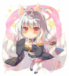Rule 34 | 1girl, animal ear fluff, animal ears, bare shoulders, bell, black collar, black footwear, black kimono, blush, bow, breasts, chibi, cleavage, closed mouth, collar, commentary request, detached collar, fox ears, fox girl, fox tail, frilled collar, frills, full body, hagoromo, hair bell, hair between eyes, hair intakes, hair ornament, japanese clothes, jingle bell, kimono, kitsune, kyuubi, large breasts, long hair, long sleeves, monaka natsume, multiple tails, original, pink bow, pink skirt, red eyes, ribbon-trimmed sleeves, ribbon trim, sandals, see-through, shawl, short kimono, sidelocks, silver hair, simple background, skirt, sleeves past wrists, smile, solo, star (symbol), strapless, tail, thighhighs, very long hair, white background, white thighhighs, wide sleeves, zouri