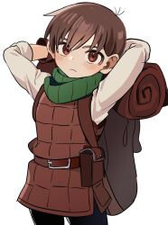 Rule 34 | 1boy, armor, arms behind head, arms up, backpack, bag, belt, black pants, blush, brown eyes, brown hair, chilchuck tims, closed mouth, commentary request, dungeon meshi, highres, kayupon, leather armor, long sleeves, looking at viewer, male focus, neck warmer, pants, shirt, simple background, solo, white background
