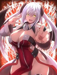 Rule 34 | 1girl, :d, breasts, cleavage, collar, demon girl, fleonell, hair between eyes, horns, large breasts, looking at viewer, magic circle, maou to ore no hangyakuki, open mouth, pelvic curtain, signature, smile, white hair, wide hips, wings, yellow eyes, yoshikawa hideaki, zipper, zipper pull tab