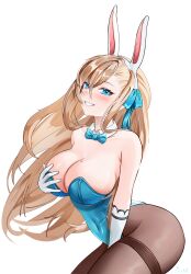 Rule 34 | 1girl, absurdres, animal ears, asuna (blue archive), asuna (bunny) (blue archive), blue archive, blue bow, blue bowtie, blue eyes, blue leotard, blush, bow, bowtie, breasts, brown pantyhose, commentary, covered navel, detached collar, english commentary, fake animal ears, gloves, highleg, highleg leotard, highres, large breasts, leotard, light brown hair, long hair, looking at viewer, mikazeze, mole, mole on breast, official alternate costume, pantyhose, playboy bunny, rabbit ears, simple background, smile, solo, strapless, strapless leotard, teeth, thighband pantyhose, traditional bowtie, white background, white gloves