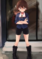 Rule 34 | 10s, 2girls, aomushi (mushamusha), bike shorts, black footwear, black legwear, black shorts, blue jacket, boots, brown eyes, brown hair, closed mouth, commentary request, crossed arms, female focus, full body, girls und panzer, green shirt, highres, isobe noriko, jacket, long sleeves, looking at viewer, military, military uniform, multiple girls, ooarai military uniform, rukuriri (girls und panzer), shirt, short hair, short shorts, shorts, sleeves rolled up, sliding doors, smile, socks, solo focus, sparkle, standing, uniform, v-shaped eyebrows