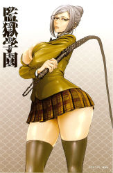 Rule 34 | 10s, 1girl, breasts, cleavage, glasses, hair bun, highres, hiramoto akira, holding, large breasts, looking at viewer, miniskirt, official art, open clothes, parted lips, plaid, plaid skirt, pleated skirt, prison school, scan, scan artifacts, shiraki meiko, short hair, silver hair, simple background, single hair bun, skirt, solo, swept bangs, thick thighs, thighhighs, thighs, whip